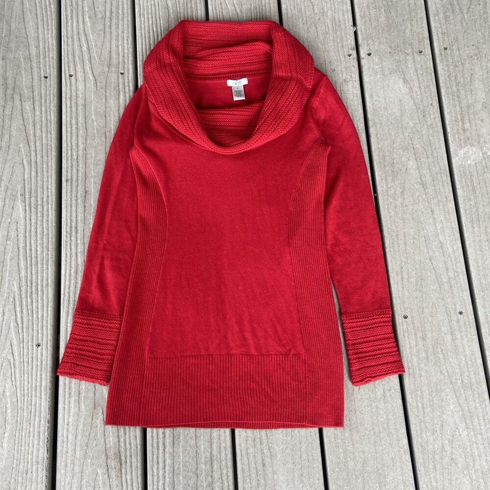 Cache Womens Pullover Cowl Neck Sweater Small Red Ribbed Crochet Knit Stretch